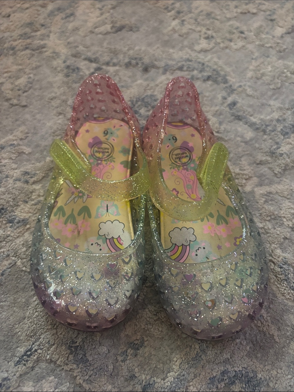 wonder nation Girls' Glitter Jelly Mary Janes in Pink, Yellow & Blue